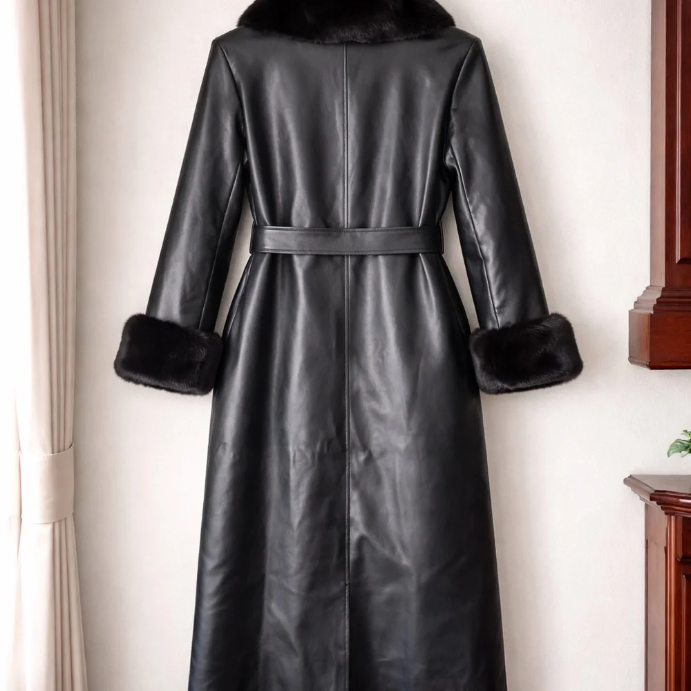 Black Leather Long Coat with Fur Trim - Picture 2 of 5